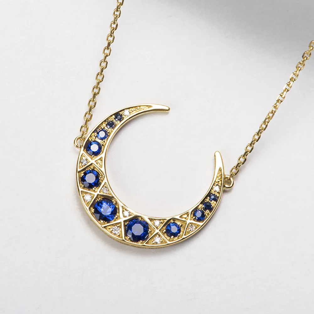 Diamond Sapphire Crescent Moon Pendant Necklace