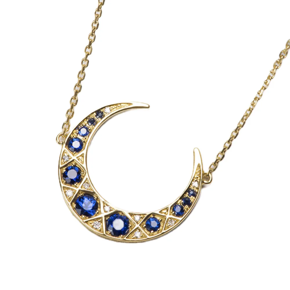 Diamond Sapphire Crescent Moon Pendant Necklace