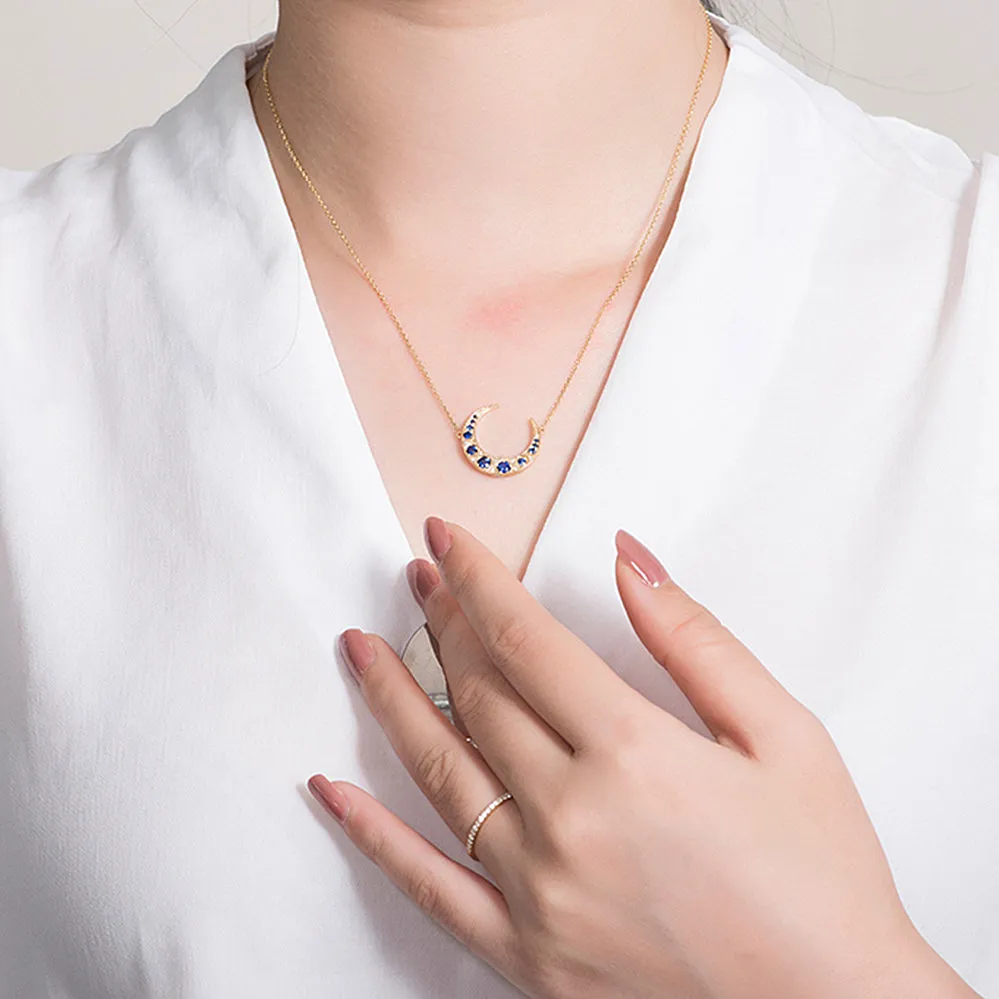 Diamond Sapphire Crescent Moon Pendant Necklace