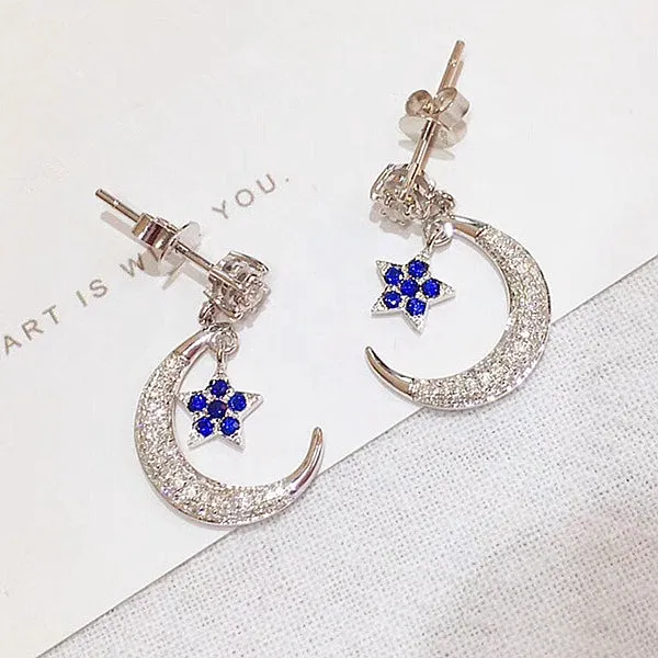 Diamond Sapphire Crescent Moon Star Dangle Drop Earrings