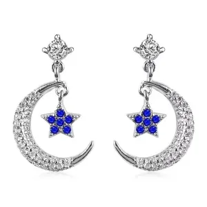 Diamond Sapphire Crescent Moon Star Dangle Drop Earrings