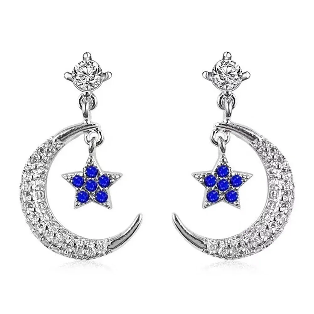 Diamond Sapphire Crescent Moon Star Dangle Drop Earrings