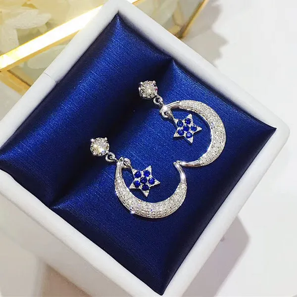 Diamond Sapphire Crescent Moon Star Dangle Drop Earrings