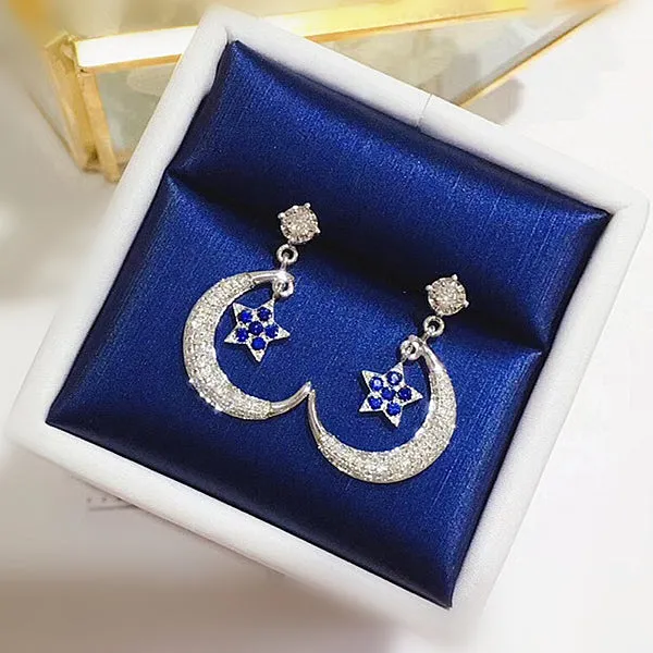 Diamond Sapphire Crescent Moon Star Dangle Drop Earrings