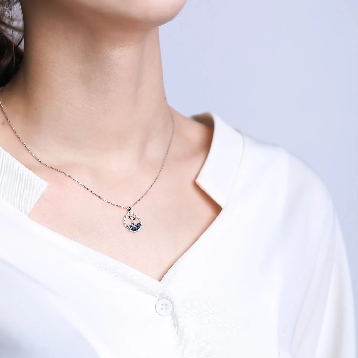 Diamond Sapphire Dolphin Whale Tail Pendant Necklace