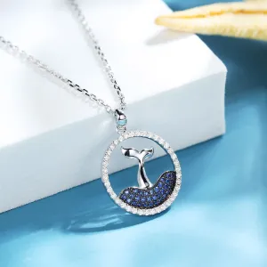 Diamond Sapphire Dolphin Whale Tail Pendant Necklace