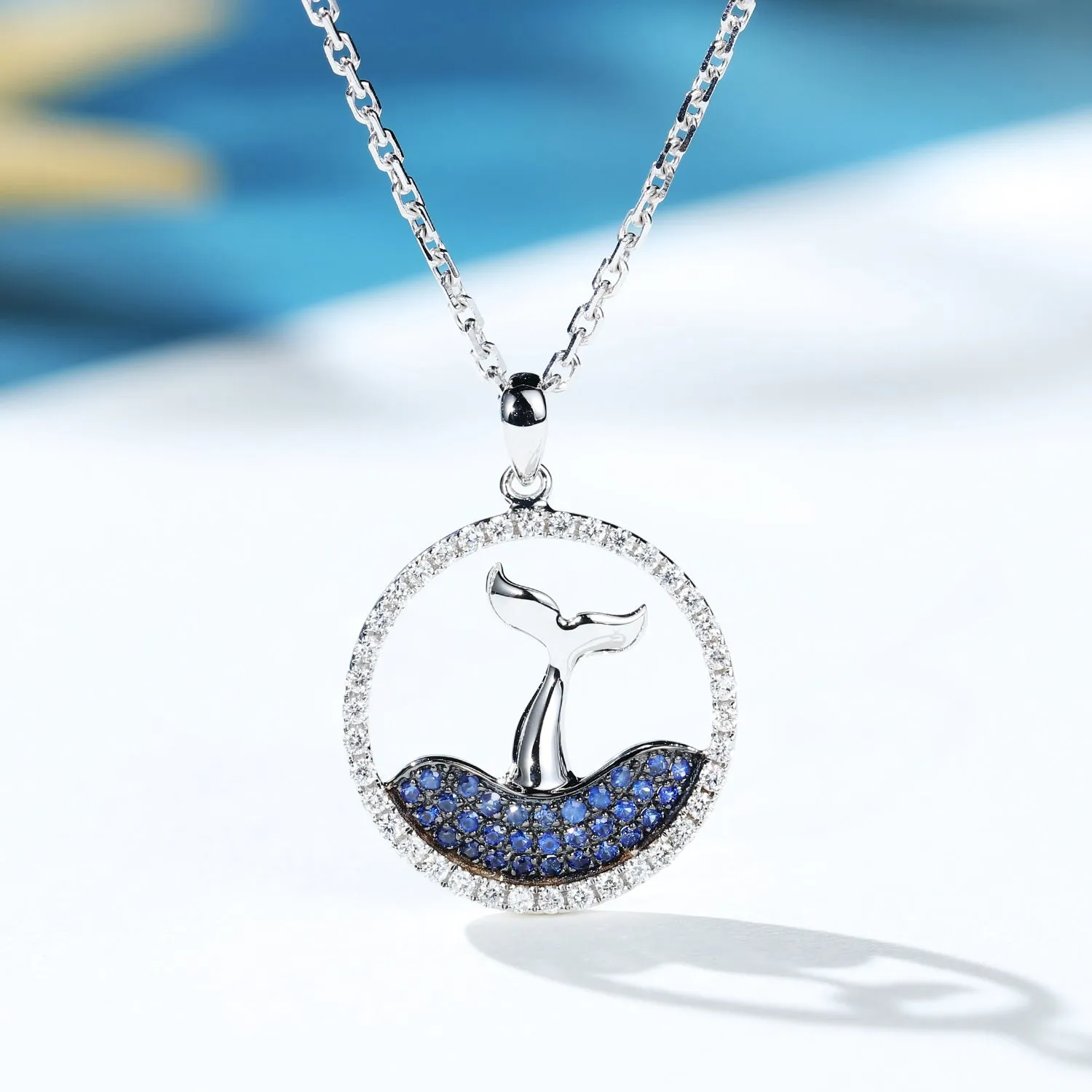 Diamond Sapphire Dolphin Whale Tail Pendant Necklace