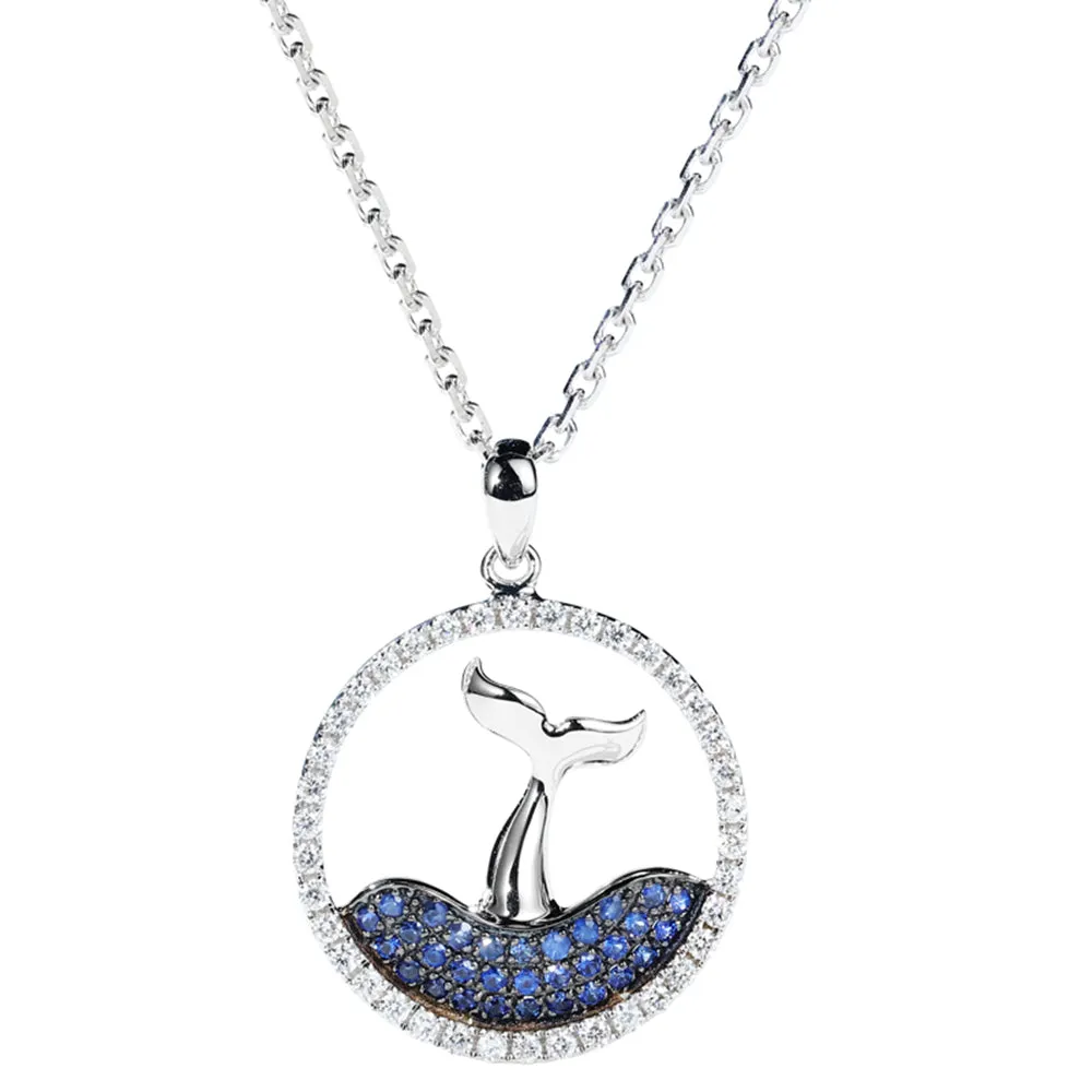 Diamond Sapphire Dolphin Whale Tail Pendant Necklace