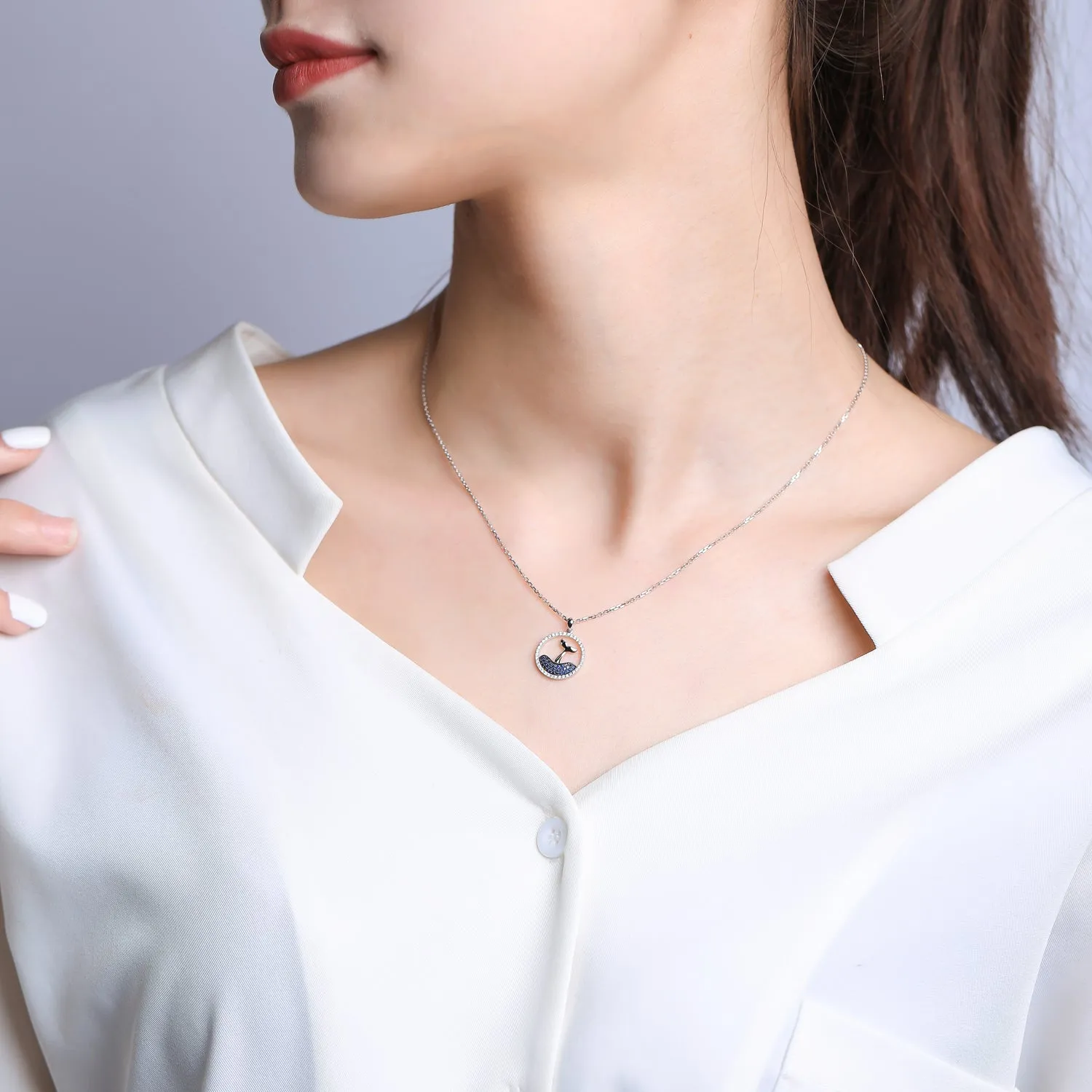 Diamond Sapphire Dolphin Whale Tail Pendant Necklace
