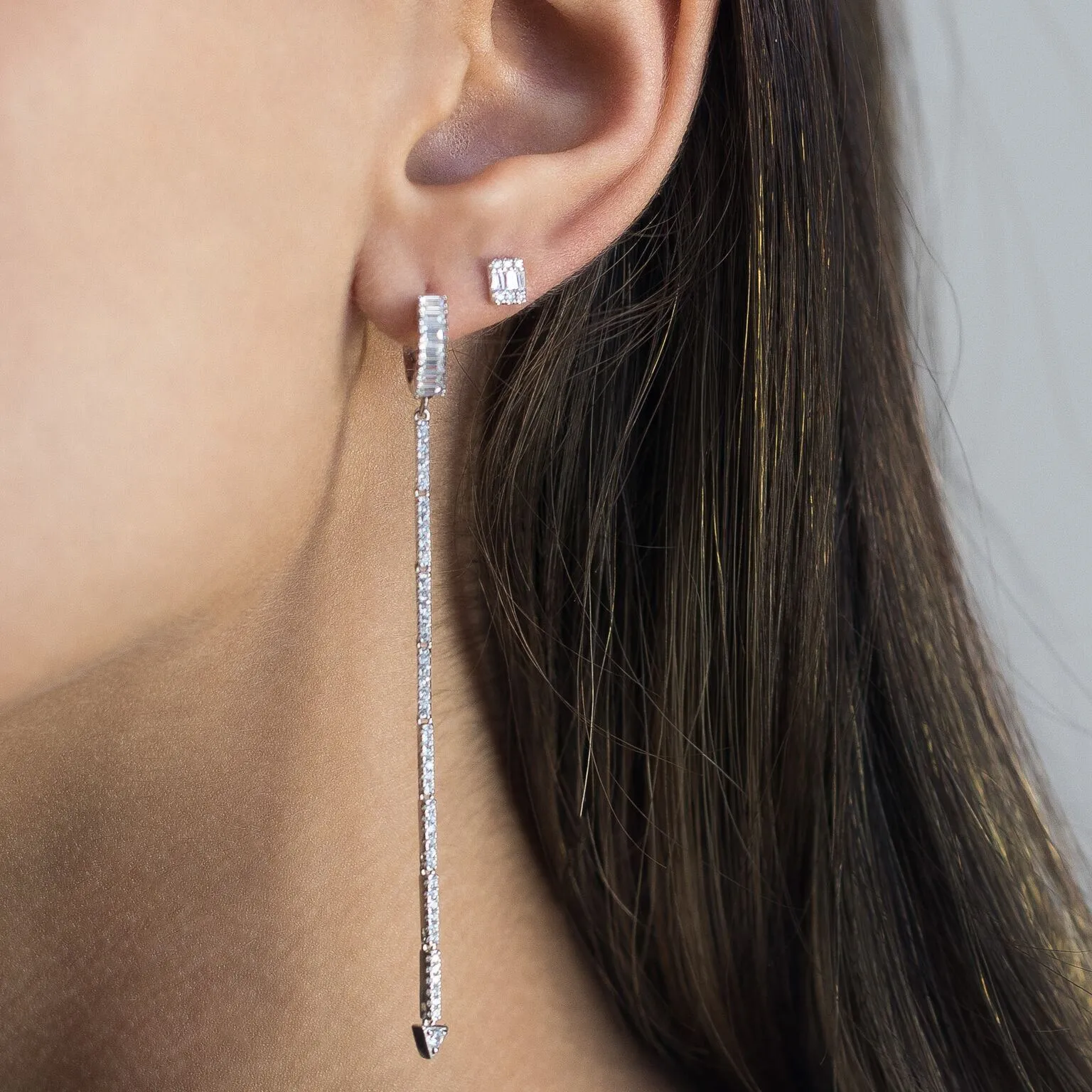 Diamond Square Baguette Stud Earring 14K