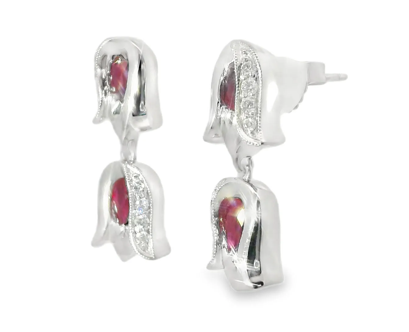 Elegant Estate 14K White Gold Ruby Diamond Tulip Dangle Earrings