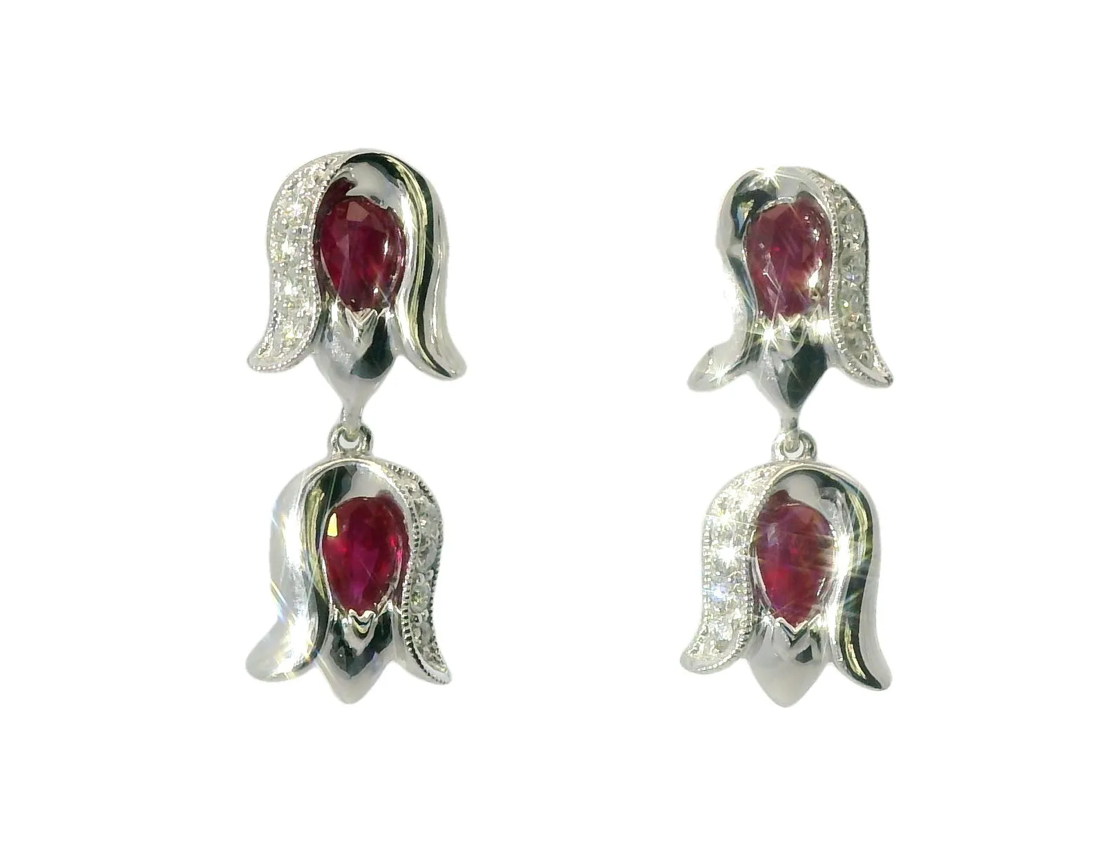 Elegant Estate 14K White Gold Ruby Diamond Tulip Dangle Earrings
