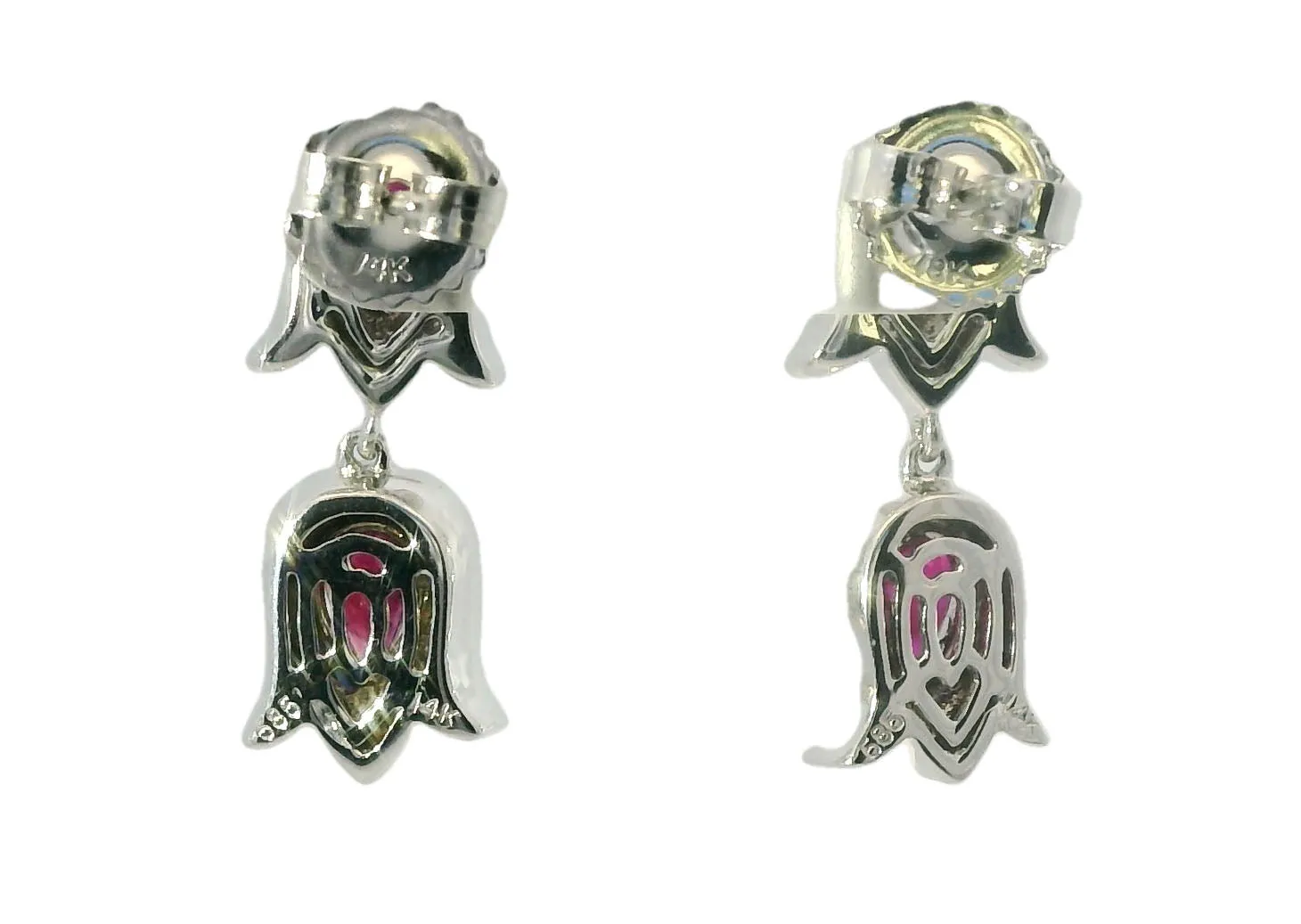 Elegant Estate 14K White Gold Ruby Diamond Tulip Dangle Earrings