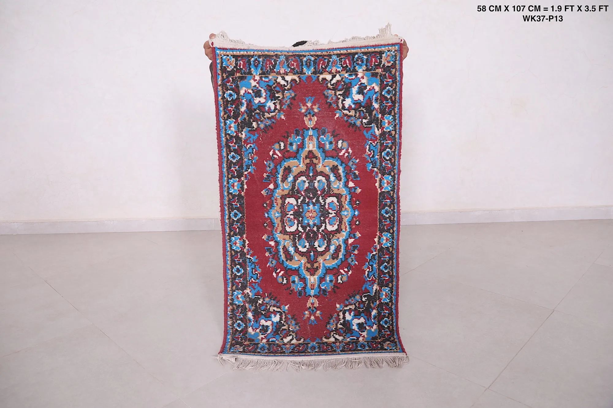 Elegant Small Moroccan Rug 1.9 x 3.5 FT - Intricate Red and Blue Design