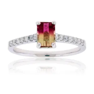 Emerald-Cut BiColor Tourmaline & Diamond Lined Ring
