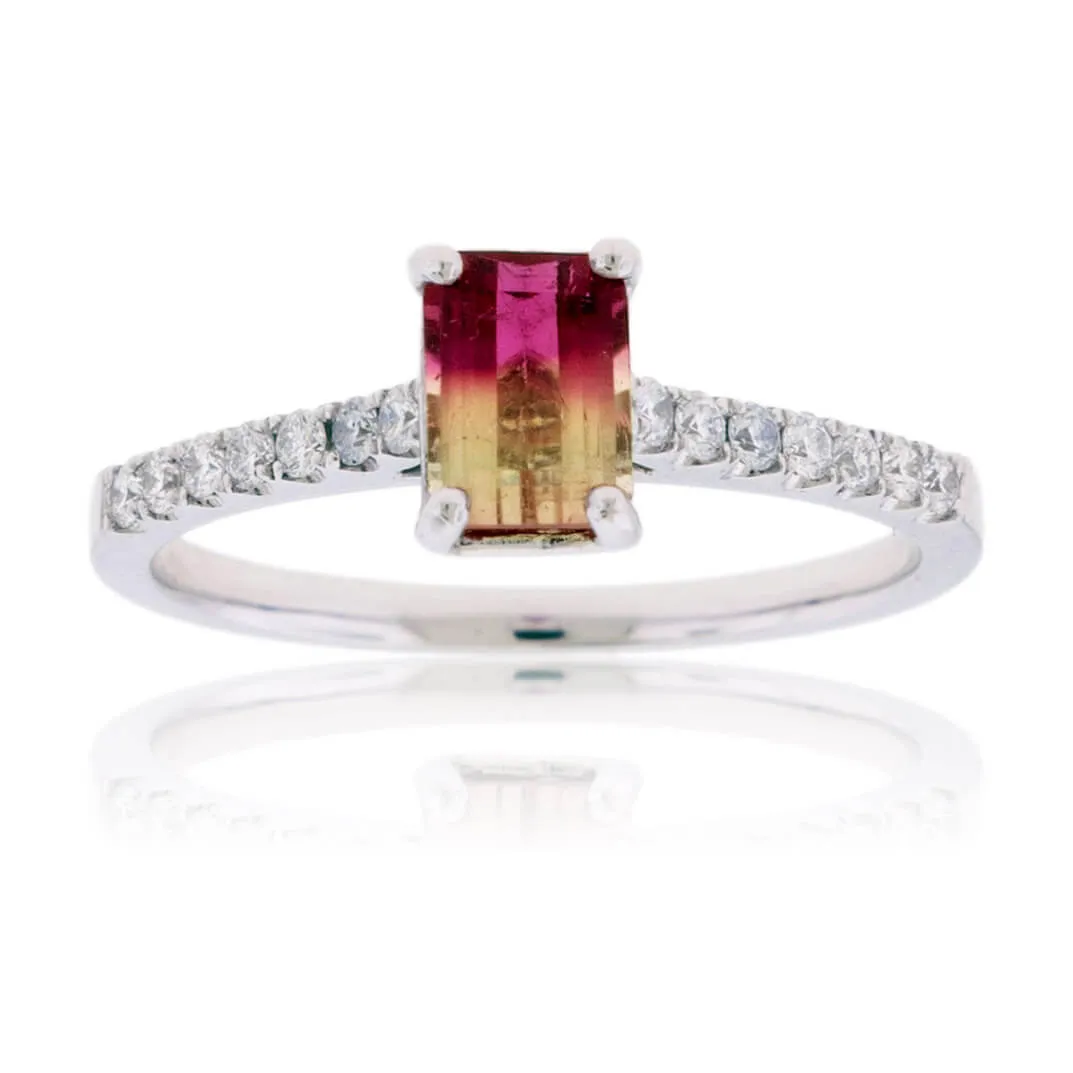 Emerald-Cut BiColor Tourmaline & Diamond Lined Ring