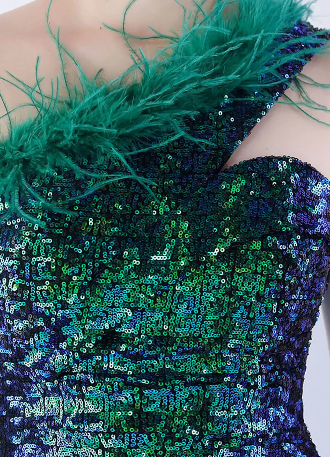 Emerald Green Luxury One Shoulder Feather Sequin Mermaid Formal Gown