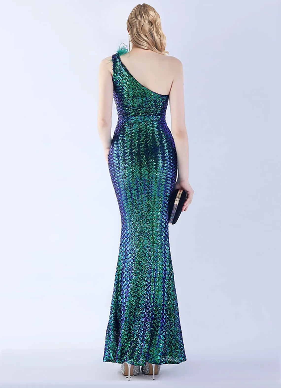 Emerald Green Luxury One Shoulder Feather Sequin Mermaid Formal Gown