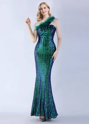 Emerald Green Luxury One Shoulder Feather Sequin Mermaid Formal Gown