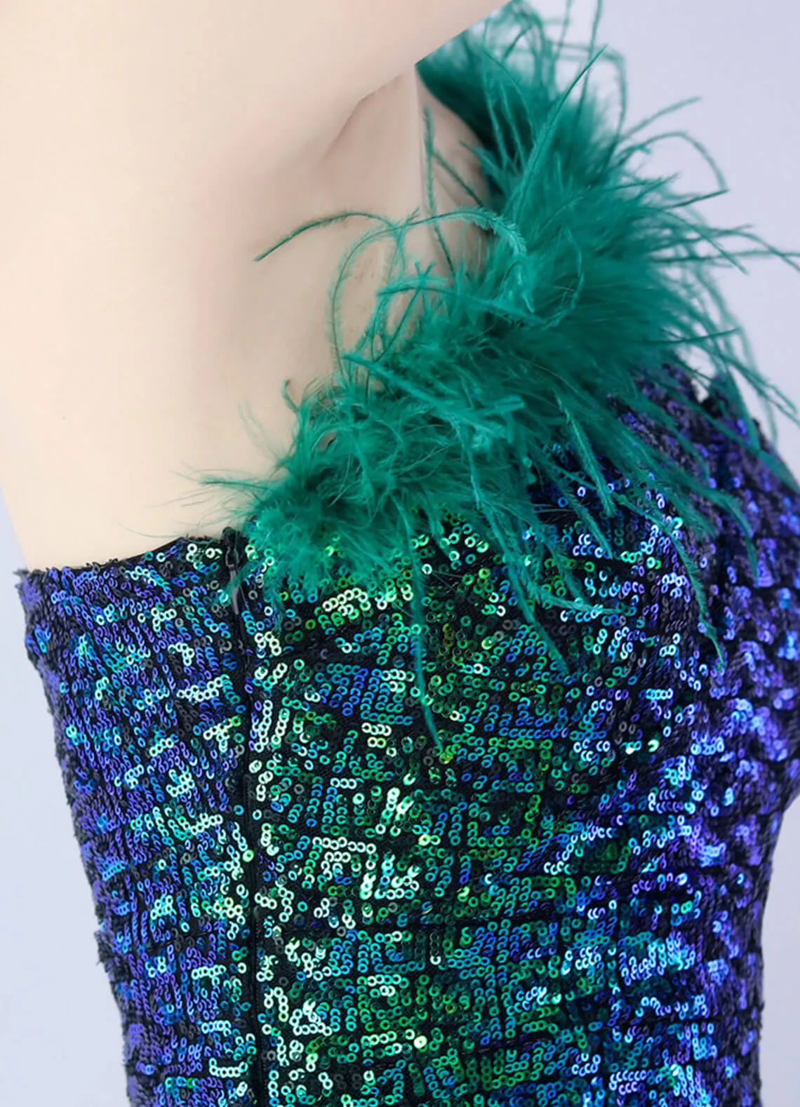 Emerald Green Luxury One Shoulder Feather Sequin Mermaid Formal Gown
