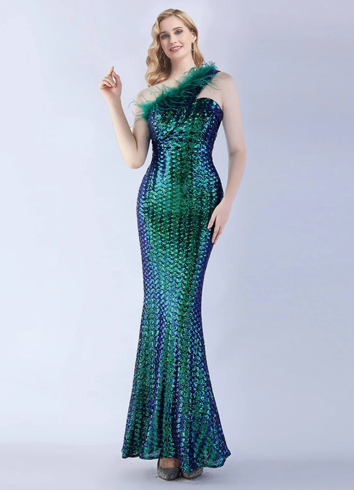 Emerald Green Luxury One Shoulder Feather Sequin Mermaid Formal Gown