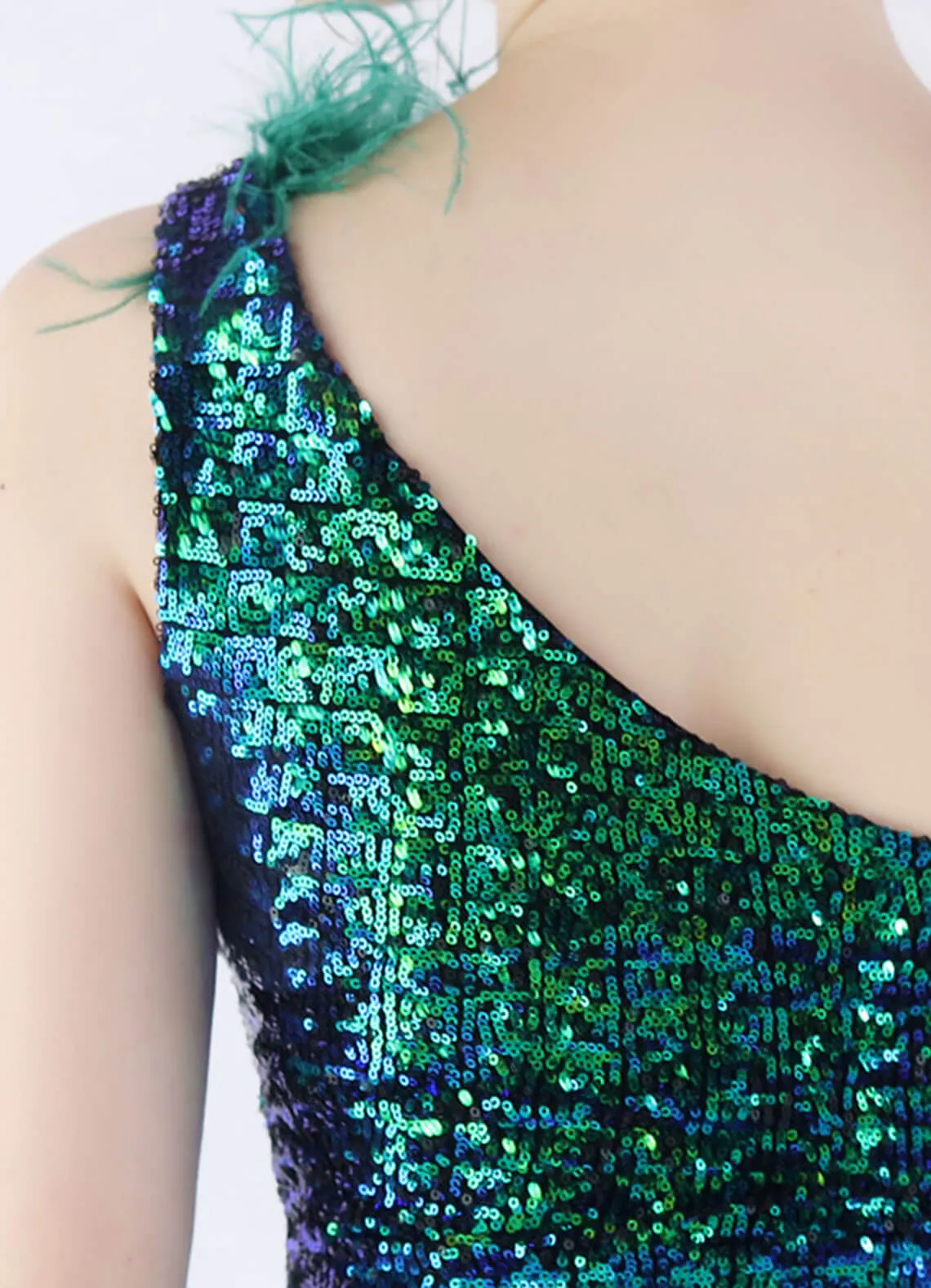 Emerald Green Luxury One Shoulder Feather Sequin Mermaid Formal Gown