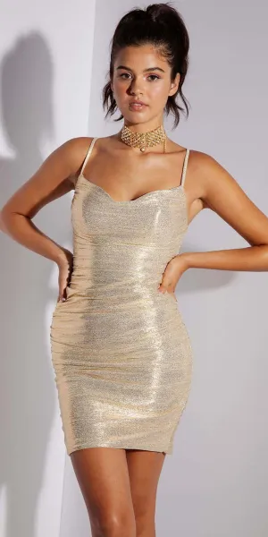 Eureka Fashion 9033 Short Ruched Metallic Cocktail Dress Spaghetti Straps