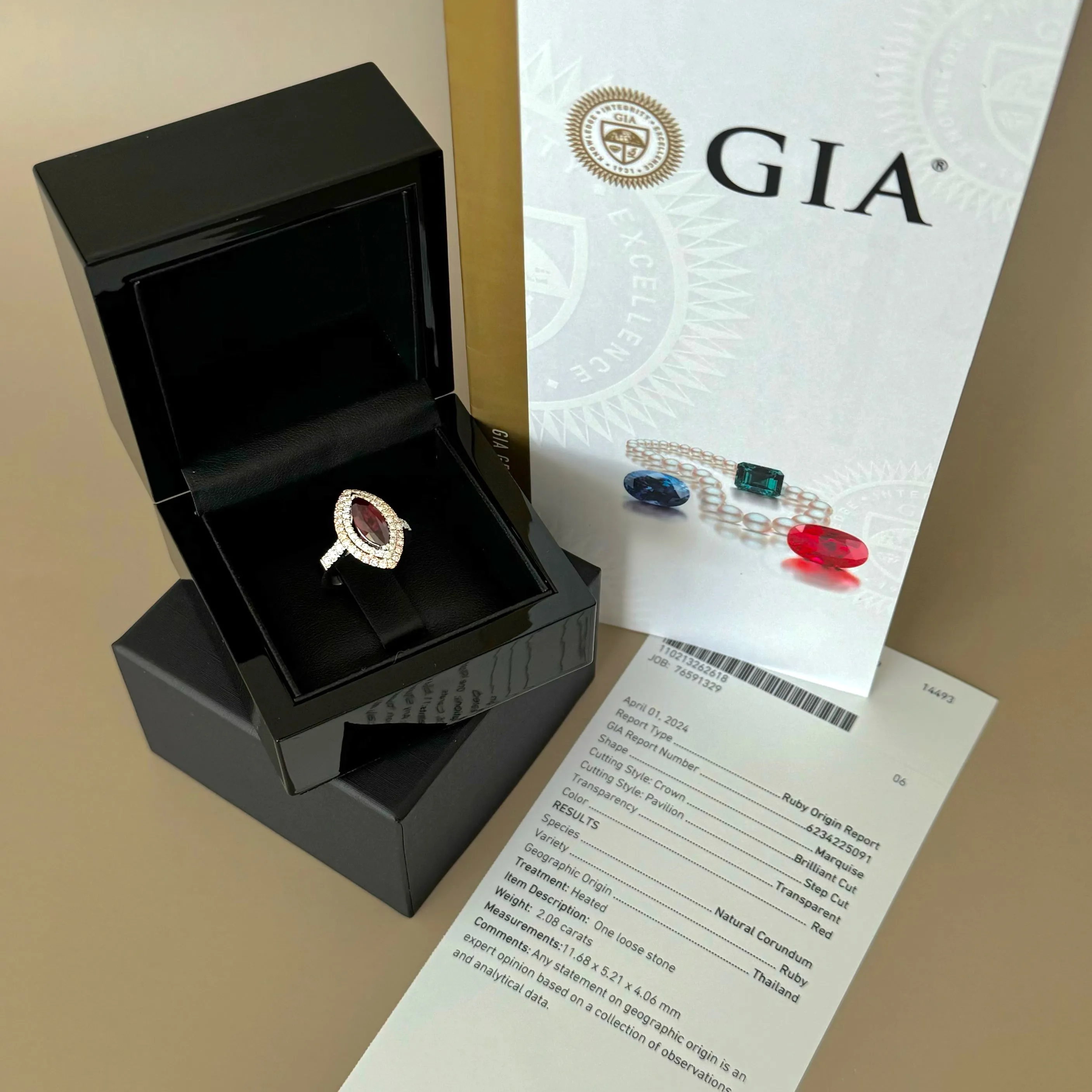 GIA Certified 2.08 ct Thai Red Ruby Ring with Double Diamond Halo 18k White Gold