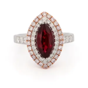 GIA Certified 2.08 ct Thai Red Ruby Ring with Double Diamond Halo 18k White Gold