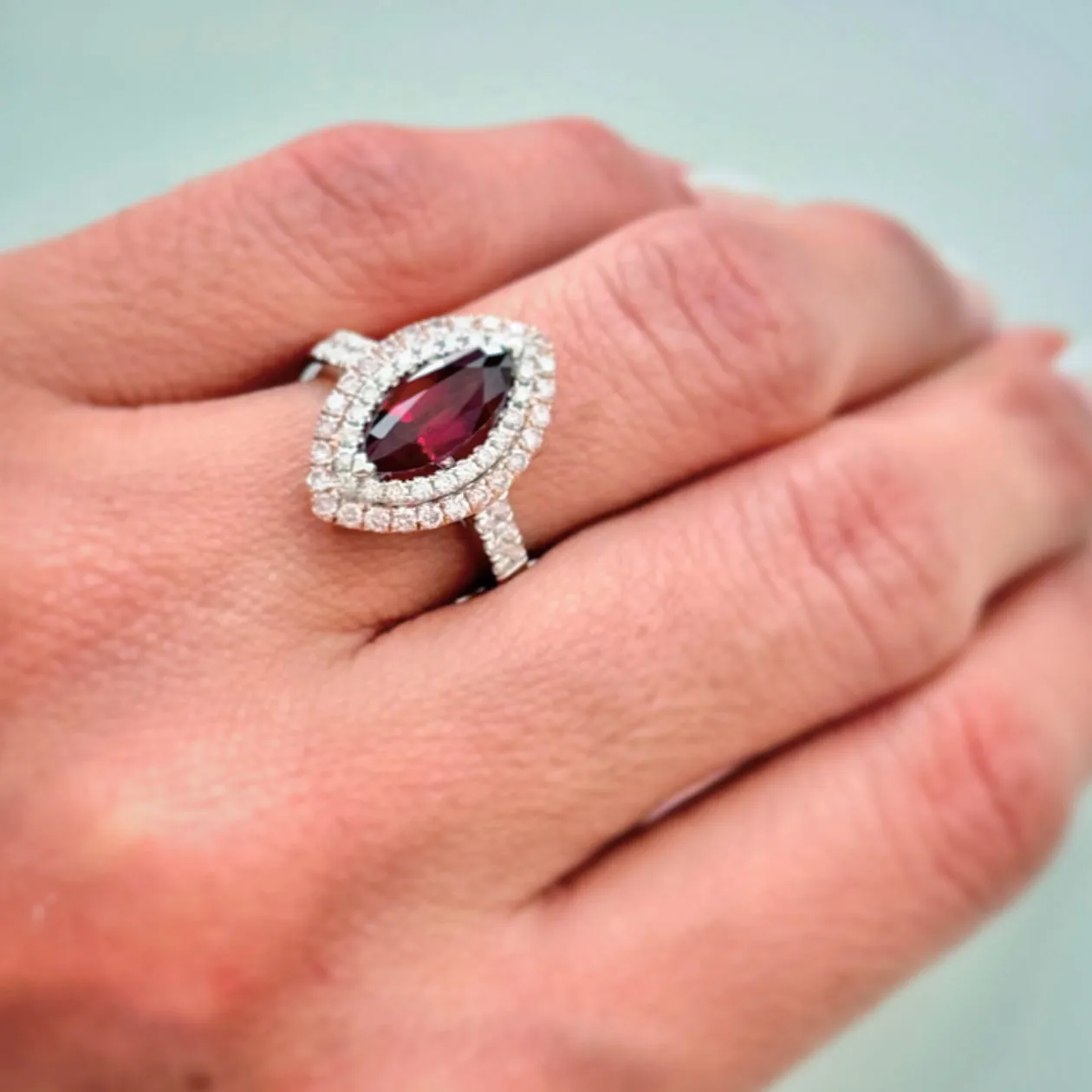 GIA Certified 2.08 ct Thai Red Ruby Ring with Double Diamond Halo 18k White Gold