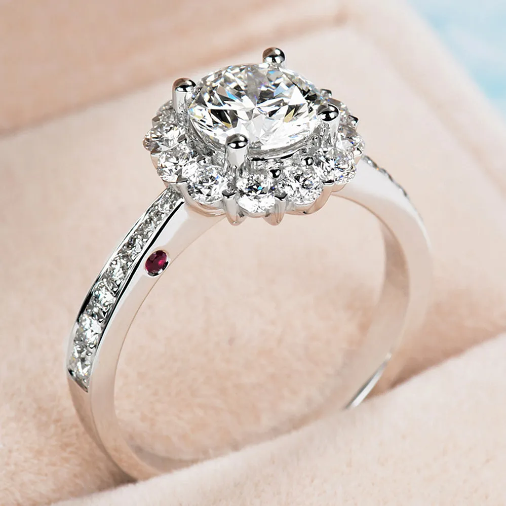 GIA Diamond Halo Engagement Ring with Ruby Signature