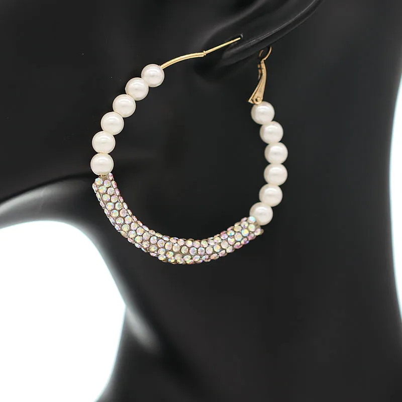 Gold Iridescent Crystal Faux Pearl Mini Hoop Earrings