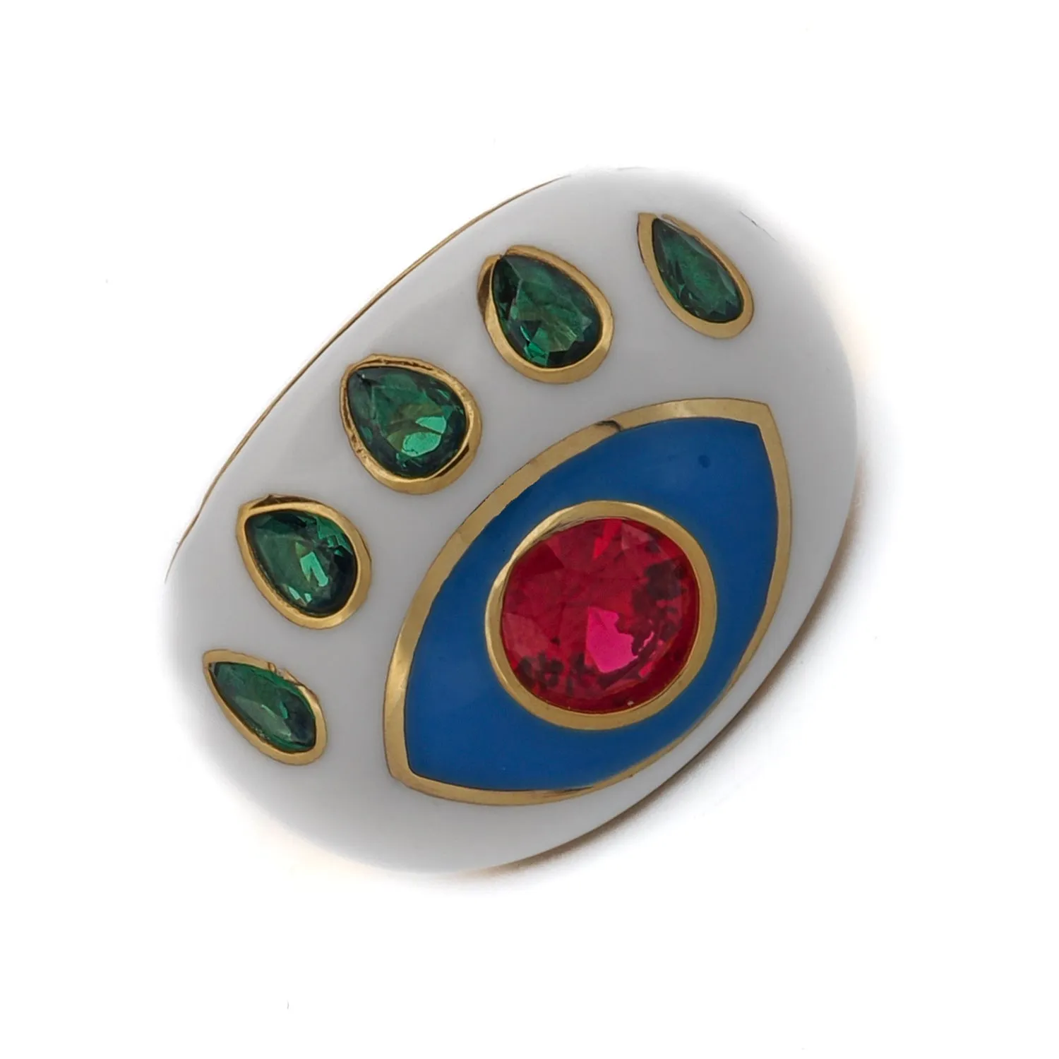 Guardian Ruby & Emerald Evil Eye White Enamel Adjustable Ring