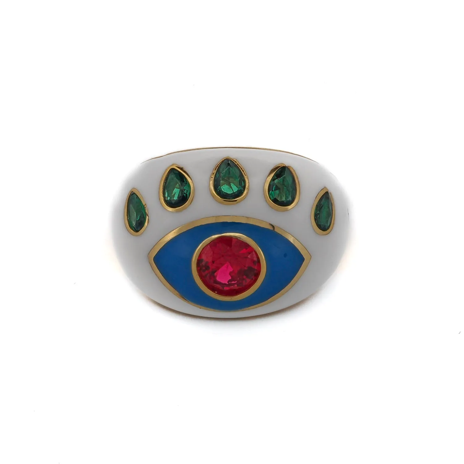 Guardian Ruby & Emerald Evil Eye White Enamel Adjustable Ring