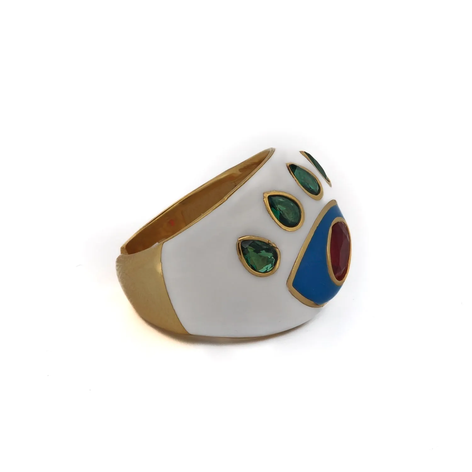 Guardian Ruby & Emerald Evil Eye White Enamel Adjustable Ring