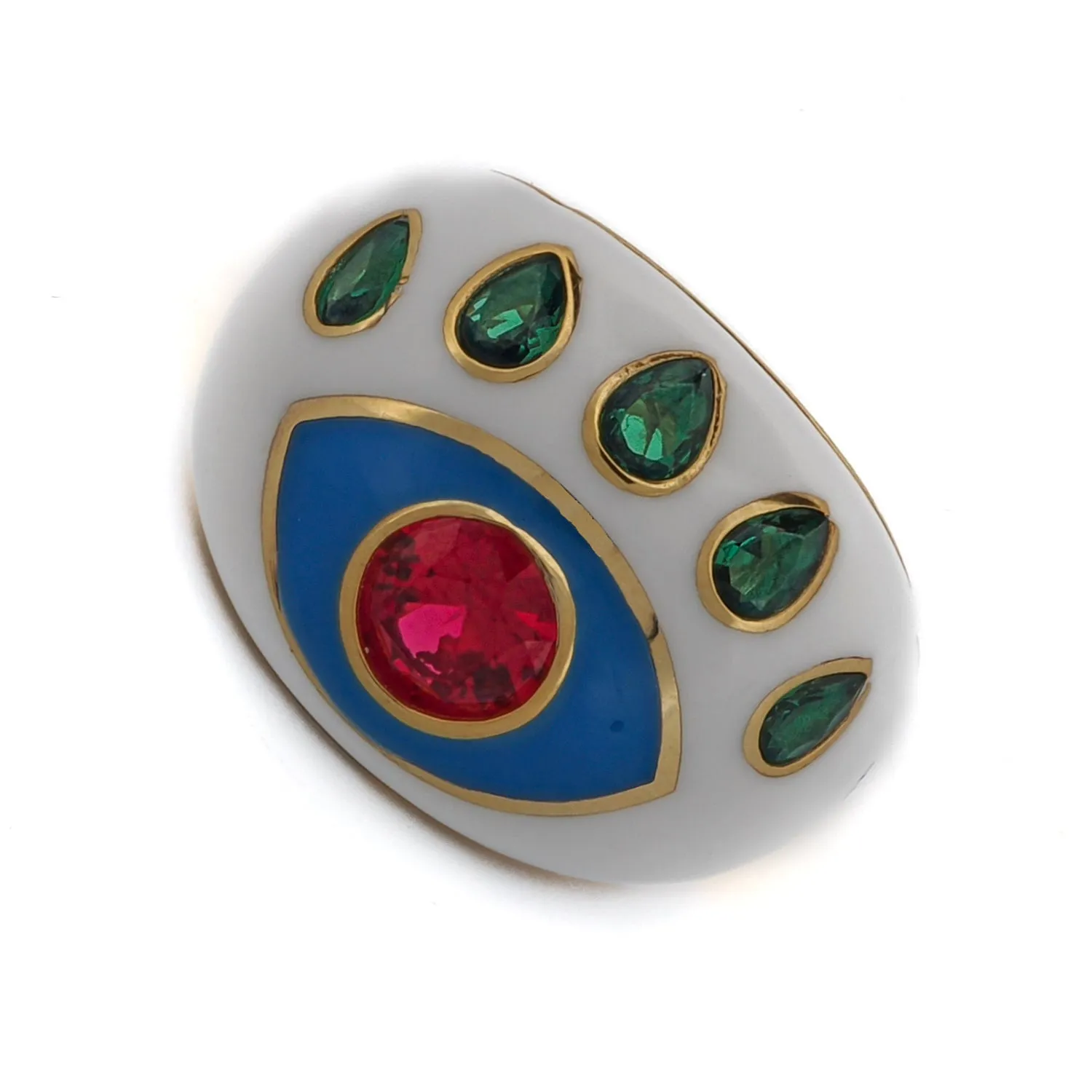 Guardian Ruby & Emerald Evil Eye White Enamel Adjustable Ring
