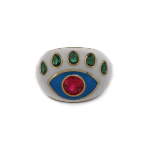 Guardian Ruby & Emerald Evil Eye White Enamel Adjustable Ring