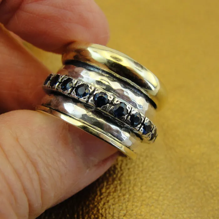 Hadar Designers Heavy Swivel Yellow Gold 925 Silver Sapphire Ring sz 6.5,7,8,9(SN)y