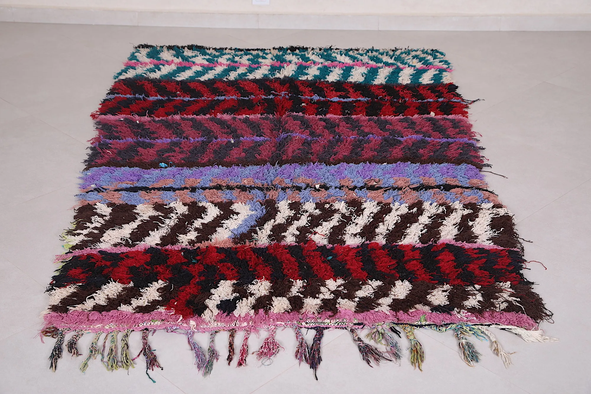 Handmade Moroccan Boucherouite Rug 4.4 x 6.9 Feet - Bold Striped Design