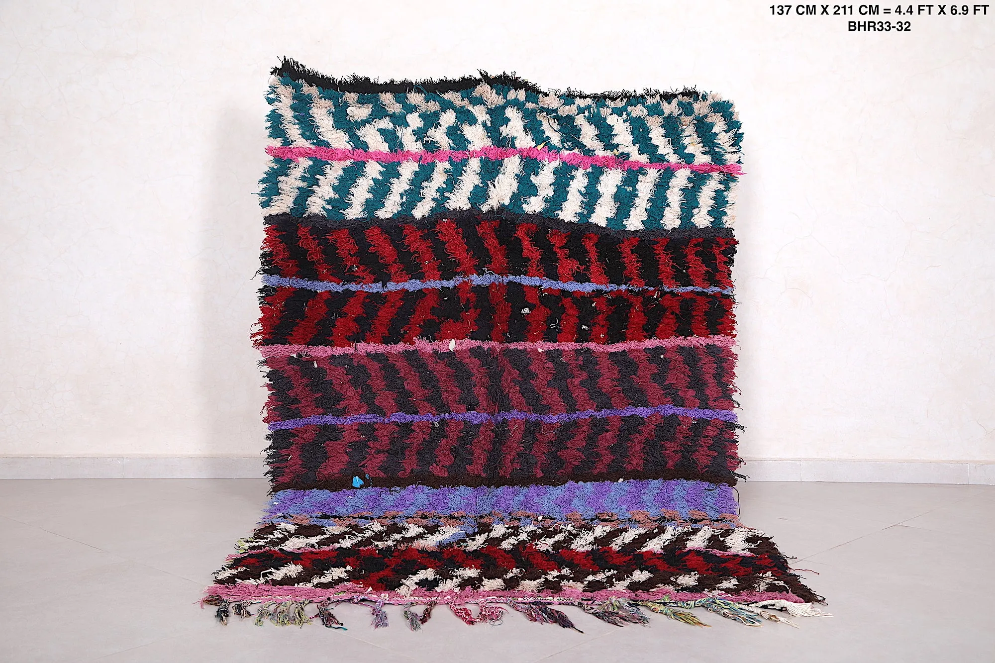 Handmade Moroccan Boucherouite Rug 4.4 x 6.9 Feet - Bold Striped Design