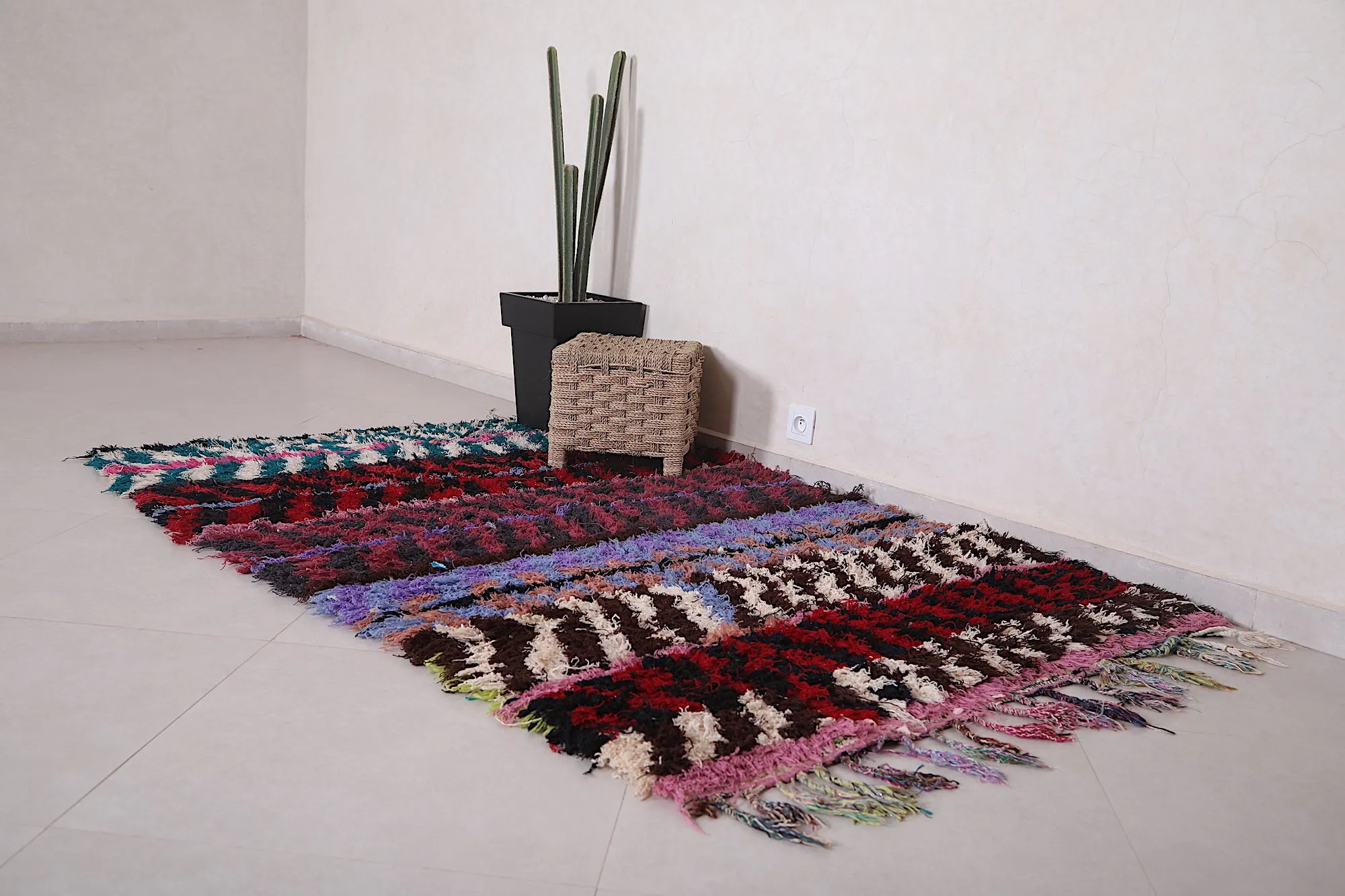 Handmade Moroccan Boucherouite Rug 4.4 x 6.9 Feet - Bold Striped Design