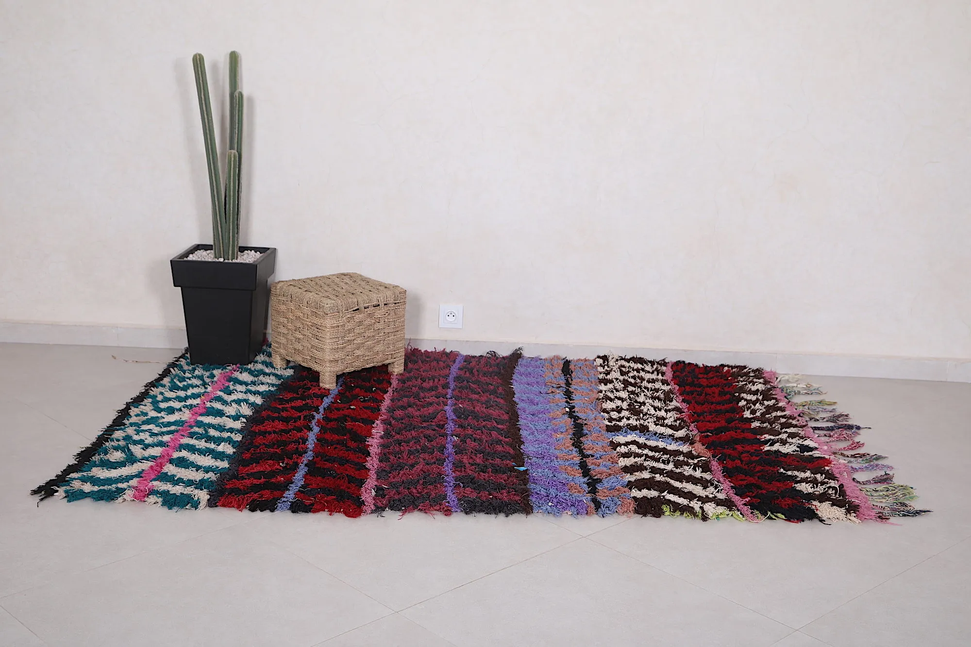 Handmade Moroccan Boucherouite Rug 4.4 x 6.9 Feet - Bold Striped Design