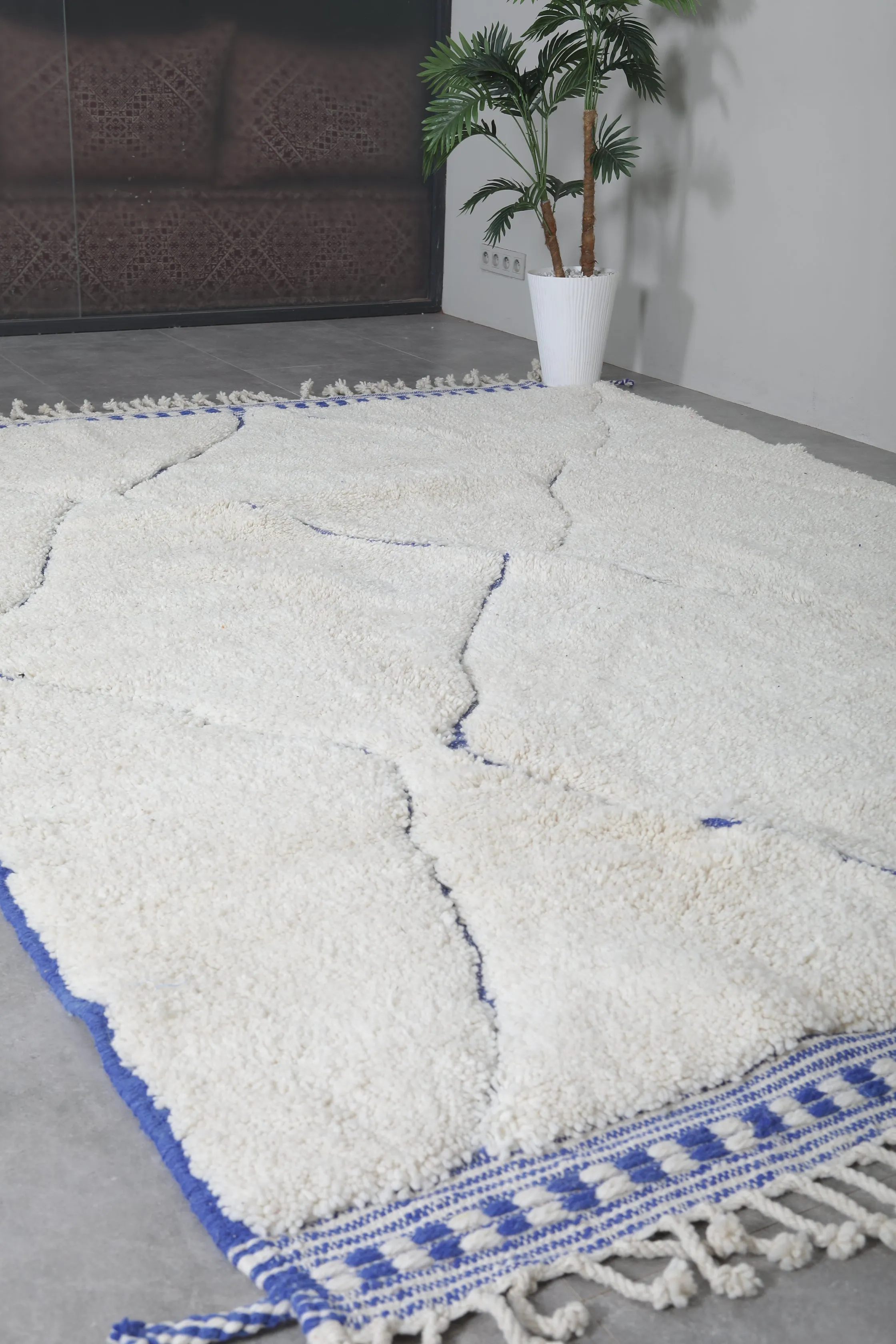 Handmade Moroccan rug - Beni ourain wool rug - Blue and White Custom Rug