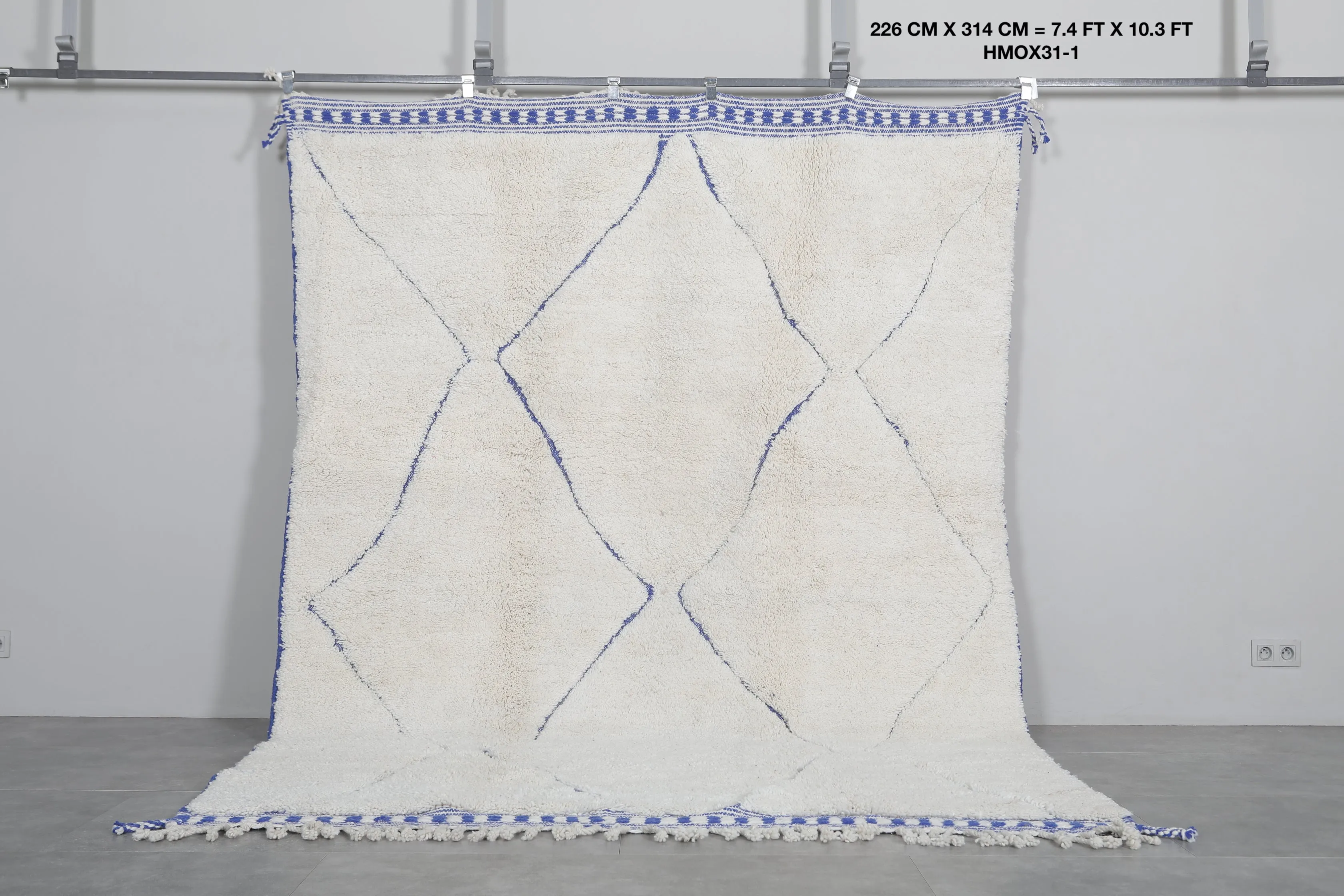 Handmade Moroccan rug - Beni ourain wool rug - Blue and White Custom Rug