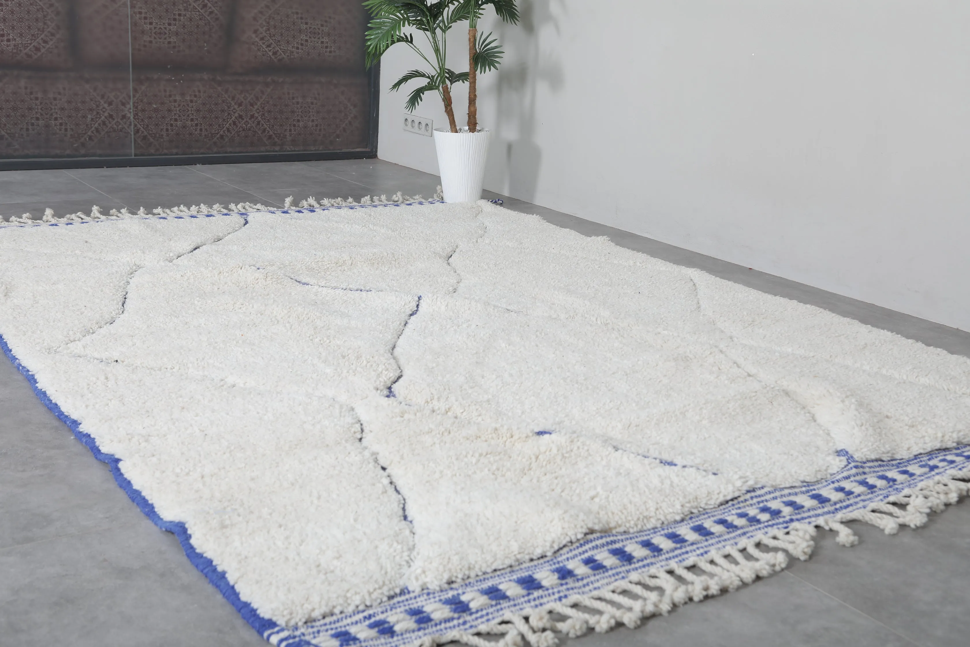 Handmade Moroccan rug - Beni ourain wool rug - Blue and White Custom Rug