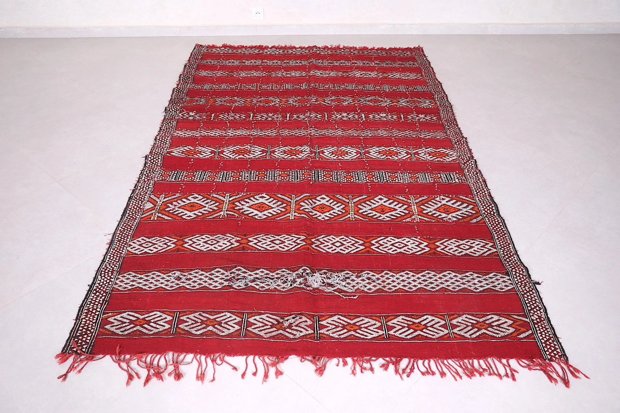 Handwoven Kilim Rug - Red and White Geometric Design - 5.2x8.6 ft