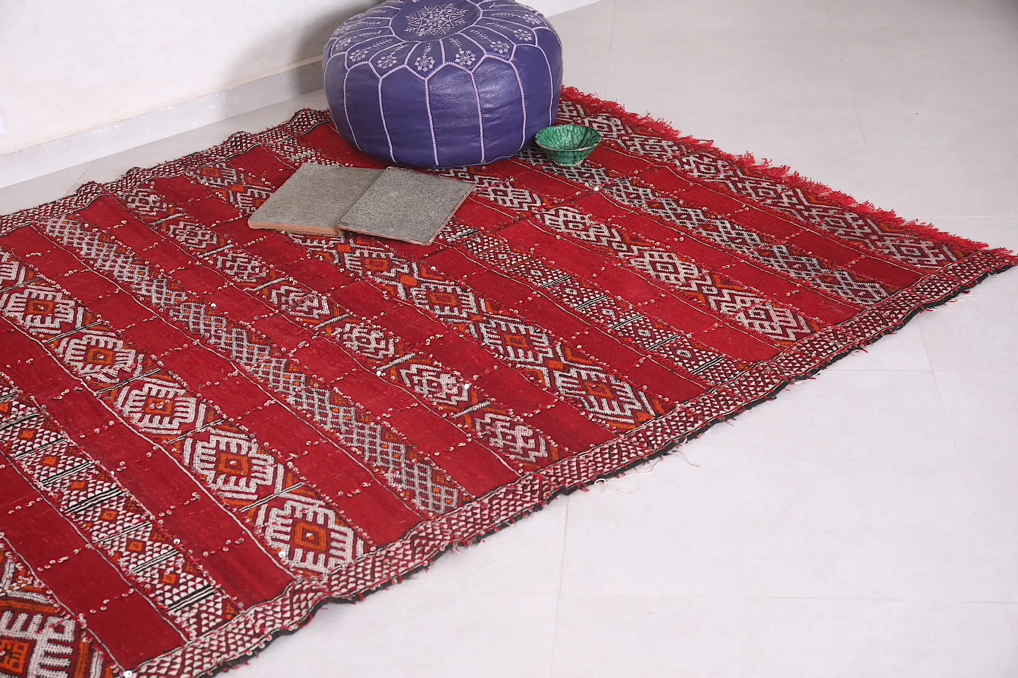 Handwoven Kilim Rug - Red and White Geometric Design - 5.2x8.6 ft