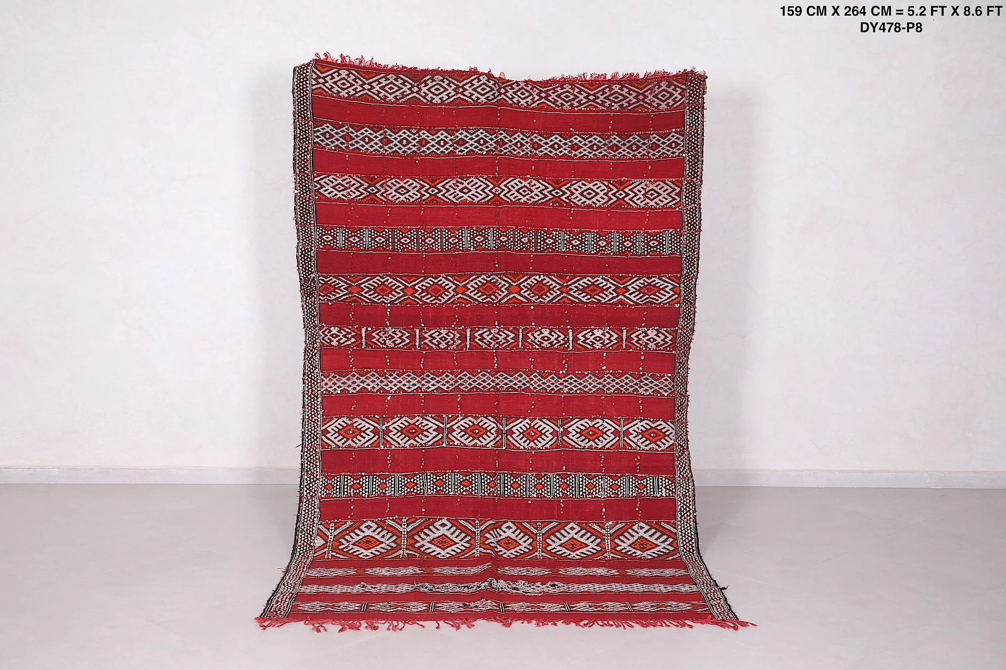 Handwoven Kilim Rug - Red and White Geometric Design - 5.2x8.6 ft