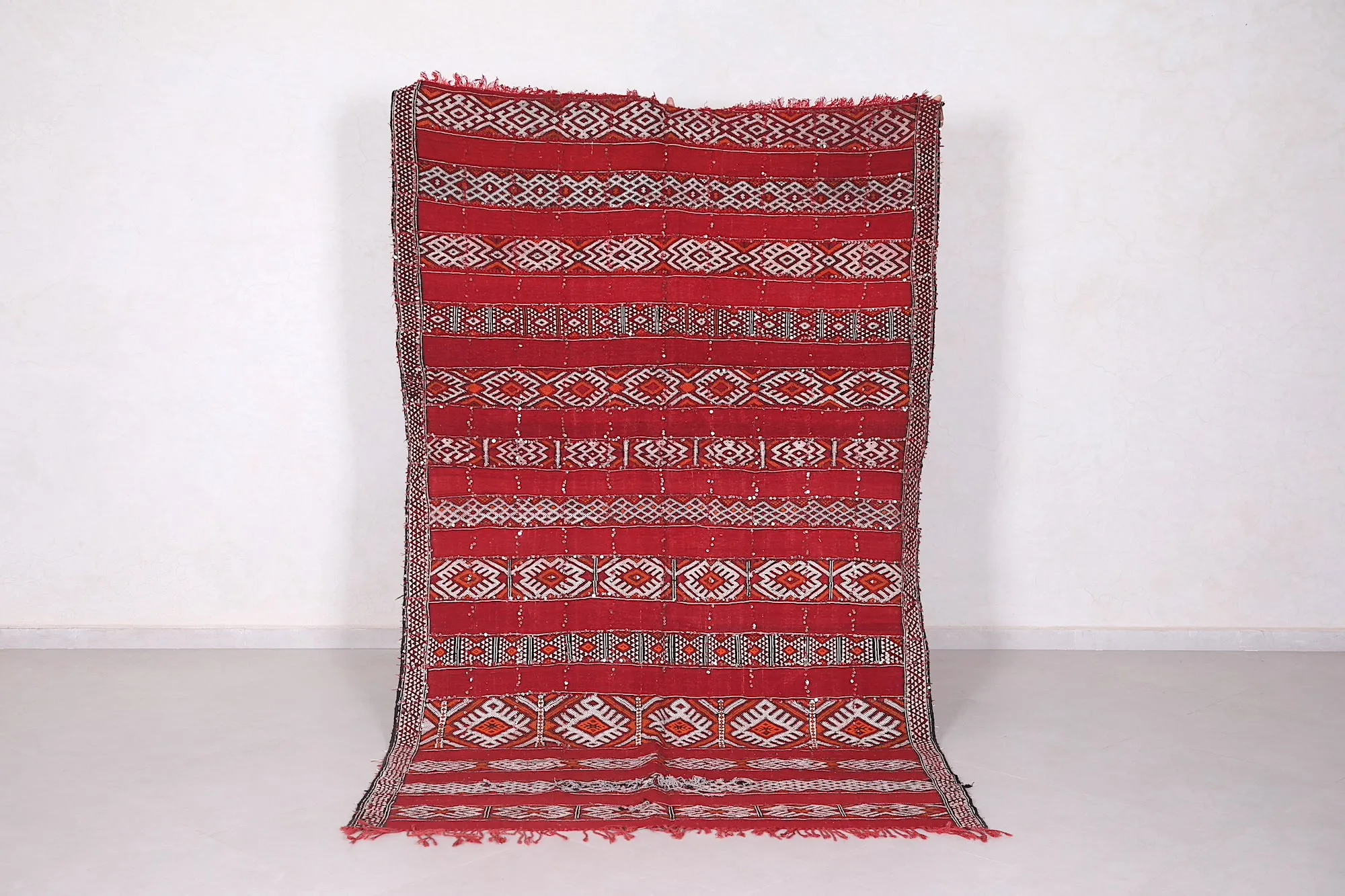 Handwoven Kilim Rug - Red and White Geometric Design - 5.2x8.6 ft