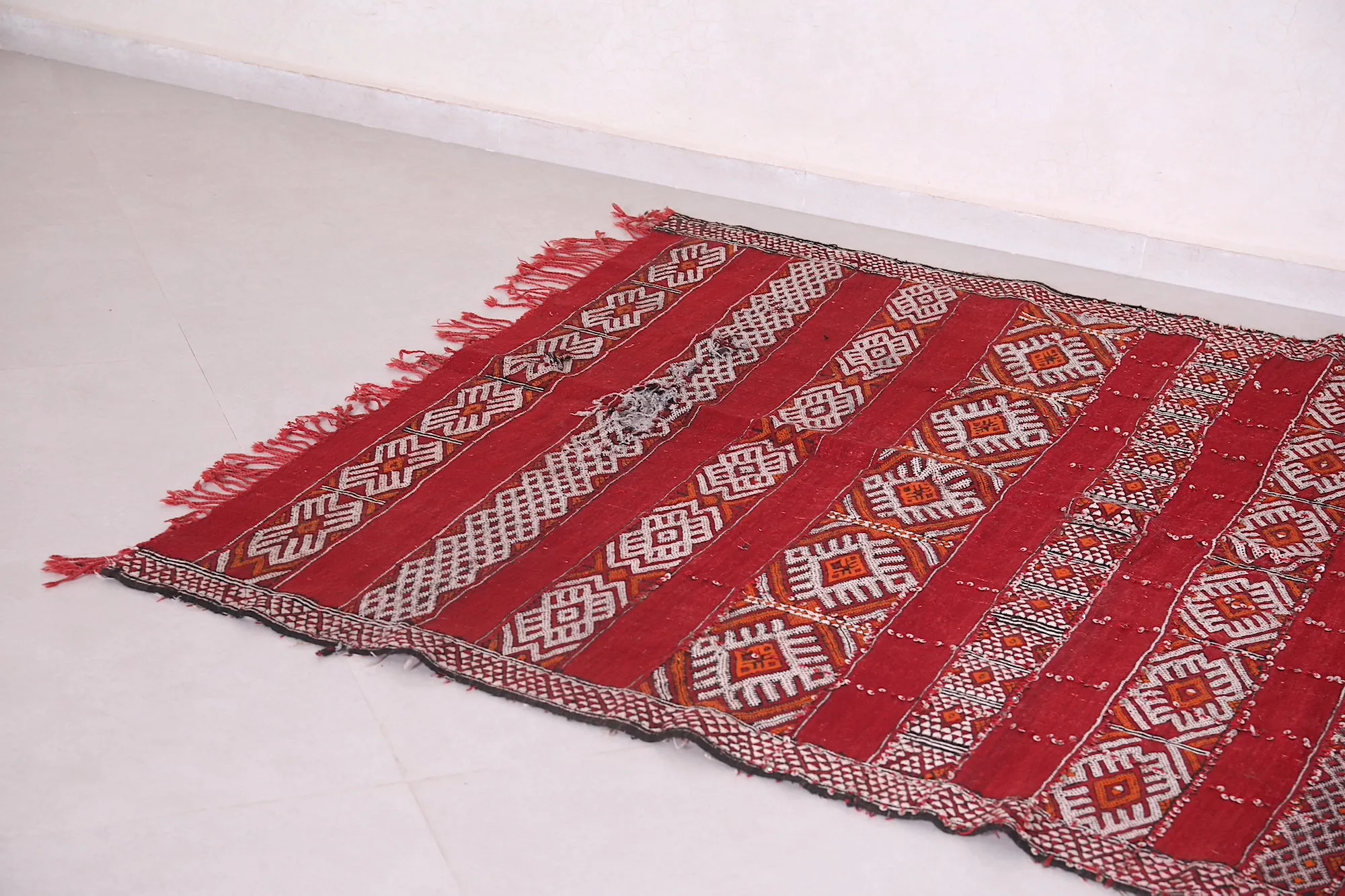 Handwoven Kilim Rug - Red and White Geometric Design - 5.2x8.6 ft
